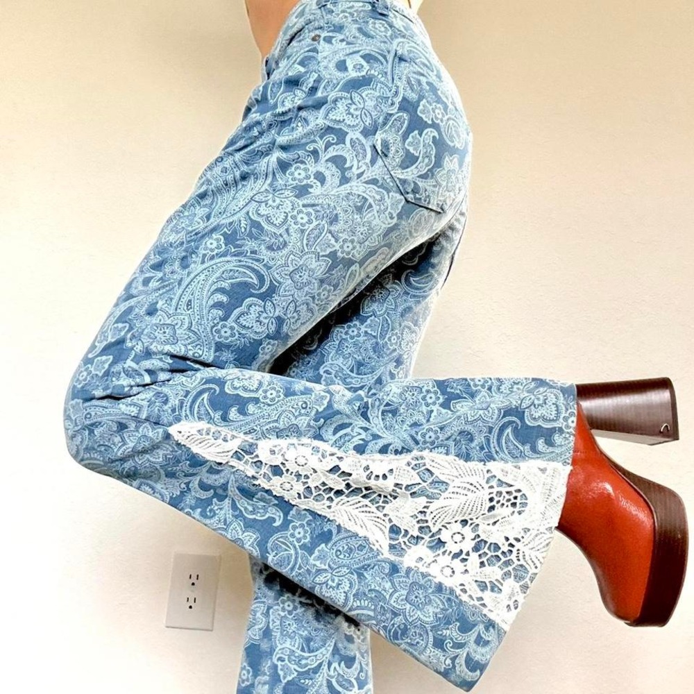 Y2K Blue Paisley Flare Jeans with White Lace Trim